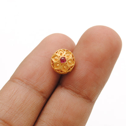 18k Yellow Gold Fancy Flower Engraved Gemstone Rondelle Beads 9mm