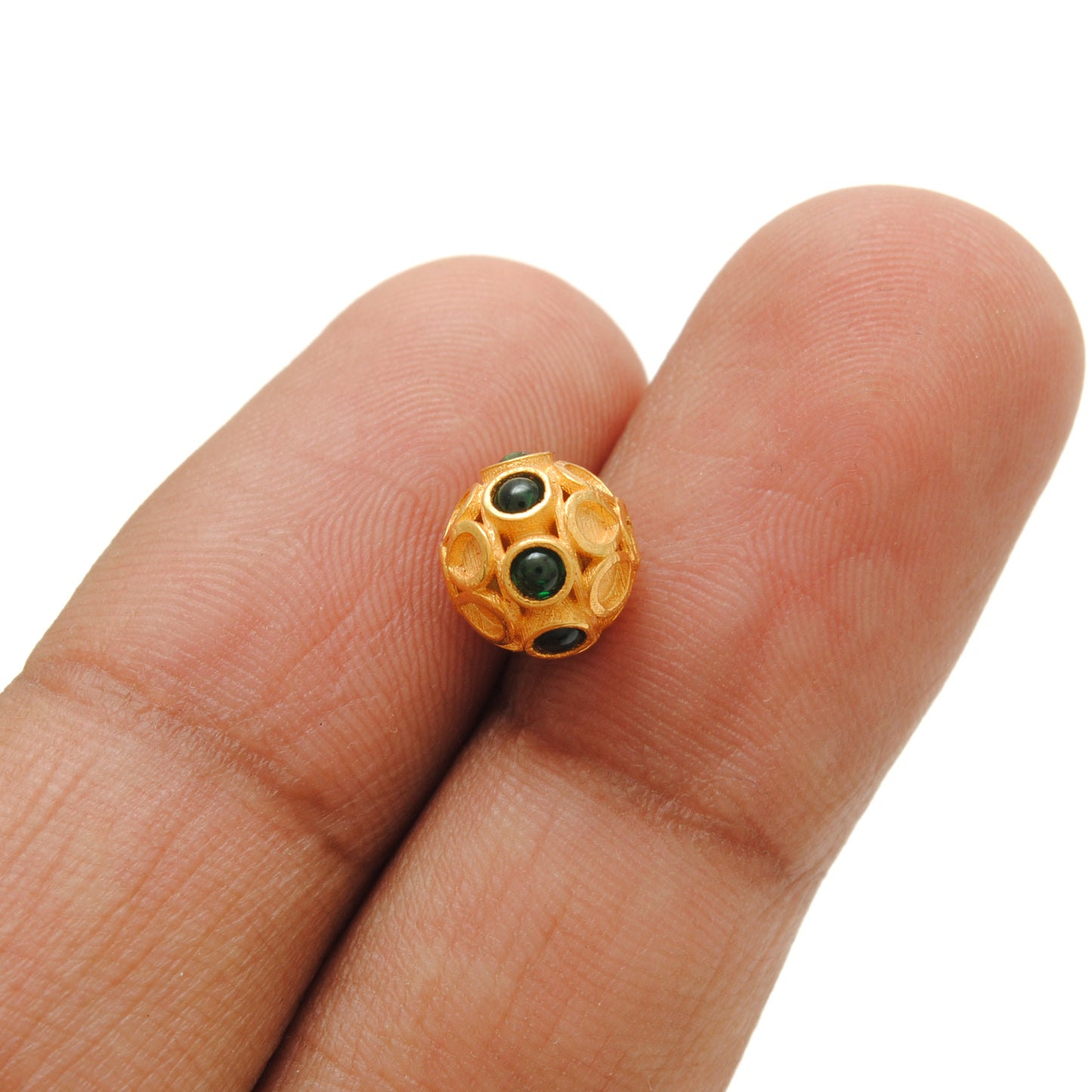 18k Yellow Gold Green Stone Studded Rondelle Beads 8mm