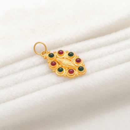 18k Solid Yellow Gold Multi-Gemstone Oval Pendant