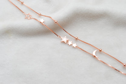 925 Sterling Silver Star and Moon Dainty Bracelet – 8 Inch, Rose Gold & Silver Finish - Kanika Creations