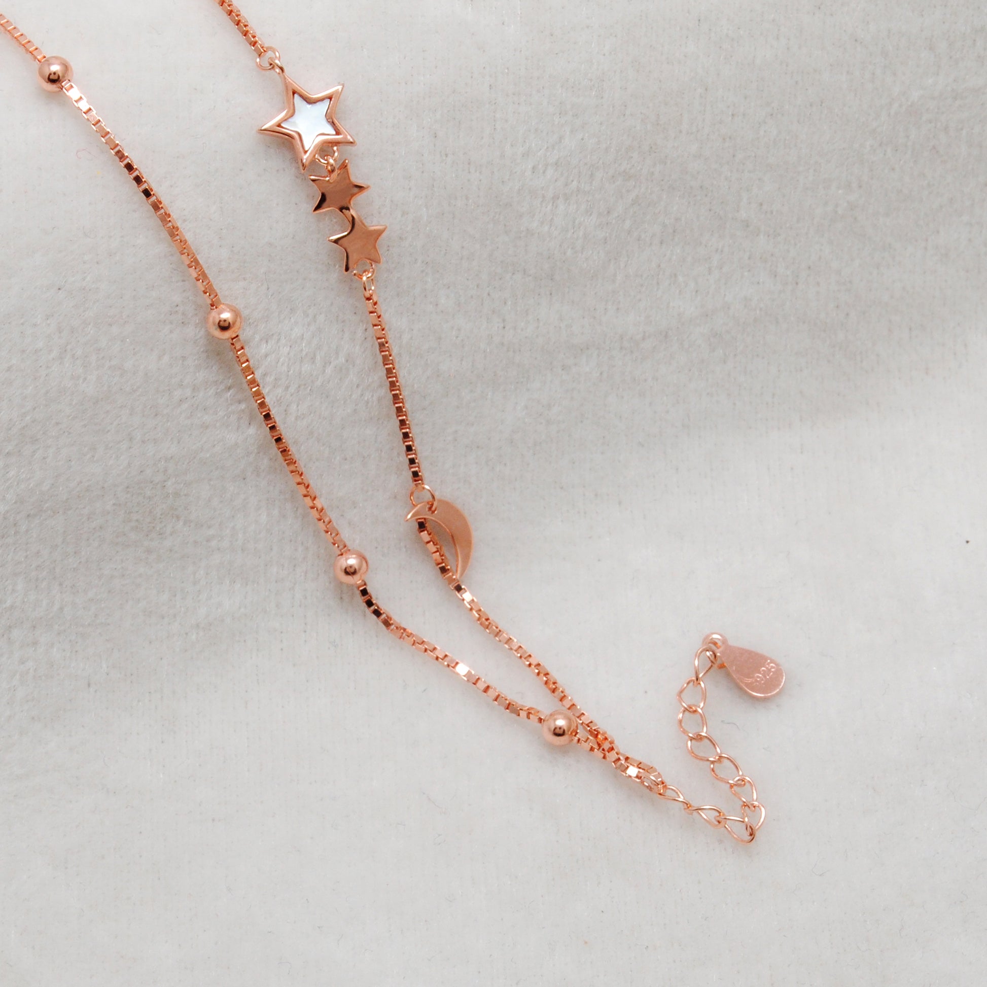 925 Sterling Silver Star and Moon Dainty Bracelet – 8 Inch, Rose Gold & Silver Finish - Kanika Creations