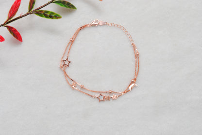 925 Sterling Silver Star and Moon Dainty Bracelet – 8 Inch, Rose Gold & Silver Finish - Kanika Creations