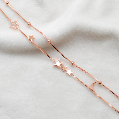 925 Sterling Silver Star and Moon Dainty Bracelet – 8 Inch, Rose Gold & Silver Finish - Kanika Creations
