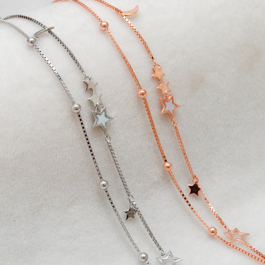 925 Sterling Silver Star and Moon Dainty Bracelet – 8 Inch, Rose Gold & Silver Finish - Kanika Creations