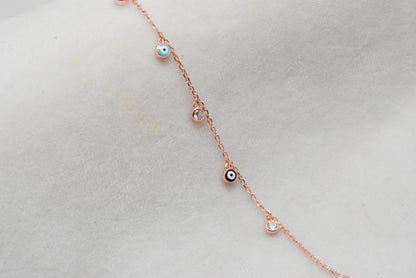 925 Sterling Silver Evil Eye CZ Enamel Charm Bracelet – Rose Gold and Silver Plated, Dainty Protection Jewelry - Kanika Creations