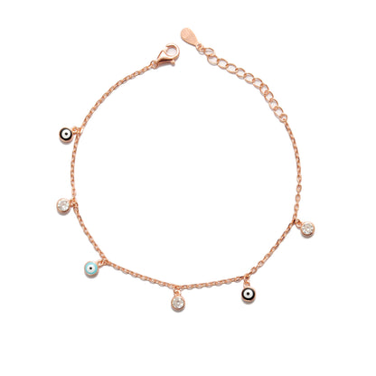 925 Sterling Silver Evil Eye CZ Enamel Charm Bracelet – Rose Gold and Silver Plated, Dainty Protection Jewelry - Kanika Creations