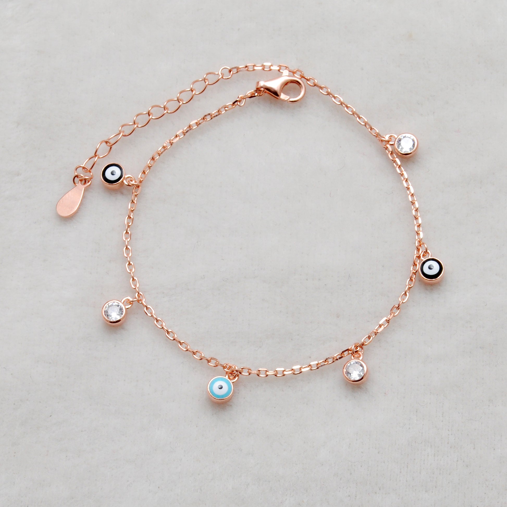 925 Sterling Silver Evil Eye CZ Enamel Charm Bracelet – Rose Gold and Silver Plated, Dainty Protection Jewelry - Kanika Creations