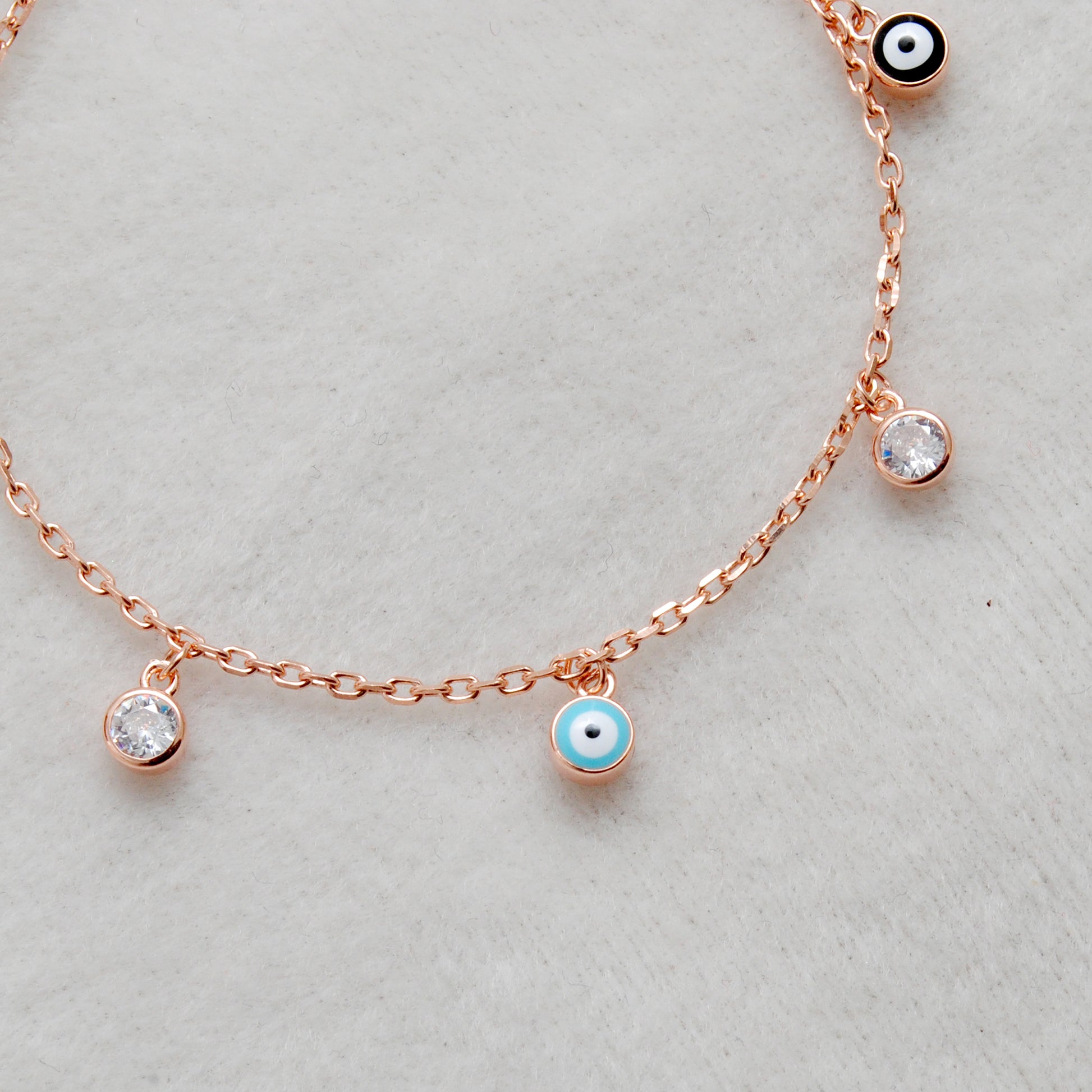 925 Sterling Silver Evil Eye CZ Enamel Charm Bracelet – Rose Gold and Silver Plated, Dainty Protection Jewelry - Kanika Creations