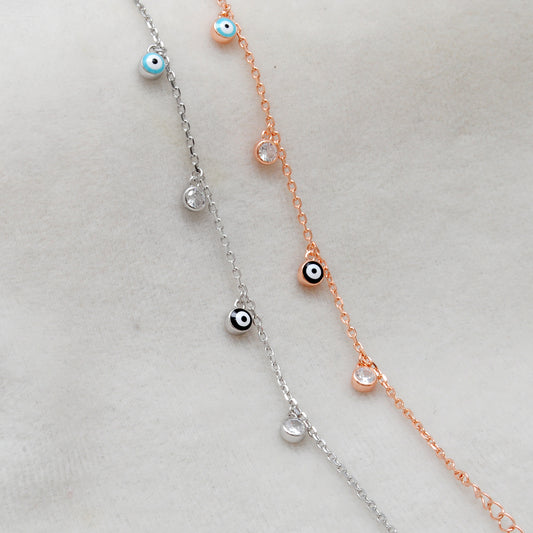 925 Sterling Silver Evil Eye CZ Enamel Charm Bracelet – Rose Gold and Silver Plated, Dainty Protection Jewelry - Kanika Creations