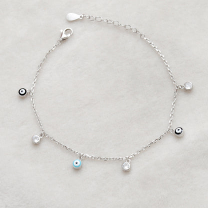925 Sterling Silver Evil Eye CZ Enamel Charm Bracelet – Rose Gold and Silver Plated, Dainty Protection Jewelry - Kanika Creations