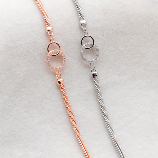 CZ Interlocking Circles Bracelet – 925 Silver, 8 Inch, Rose Gold & Silver Finish, Gift for Her - Kanika Creations