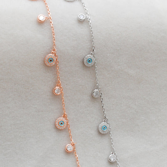 Cubic Zirconia Evil Eye Bracelet – 925 Silver, Rose Gold & Silver Plated, 8 Inch Gift for Wife - Kanika Creations