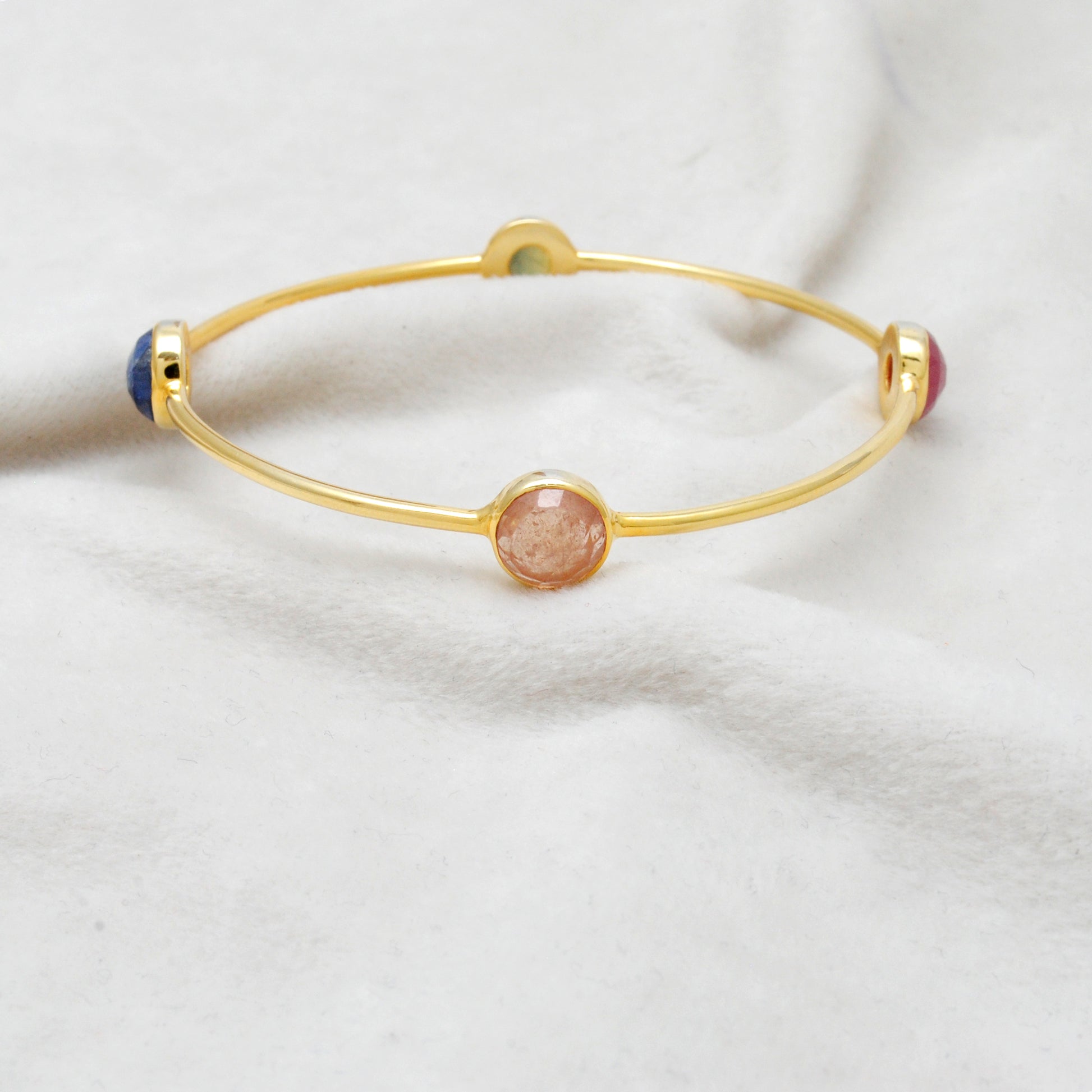 925 Silver Multi-Gemstone Bangle – Gold-Plated, Openable Design – Gift for Her - Kanika Creations