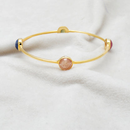 925 Silver Multi-Gemstone Bangle – Gold-Plated, Openable Design – Gift for Her - Kanika Creations