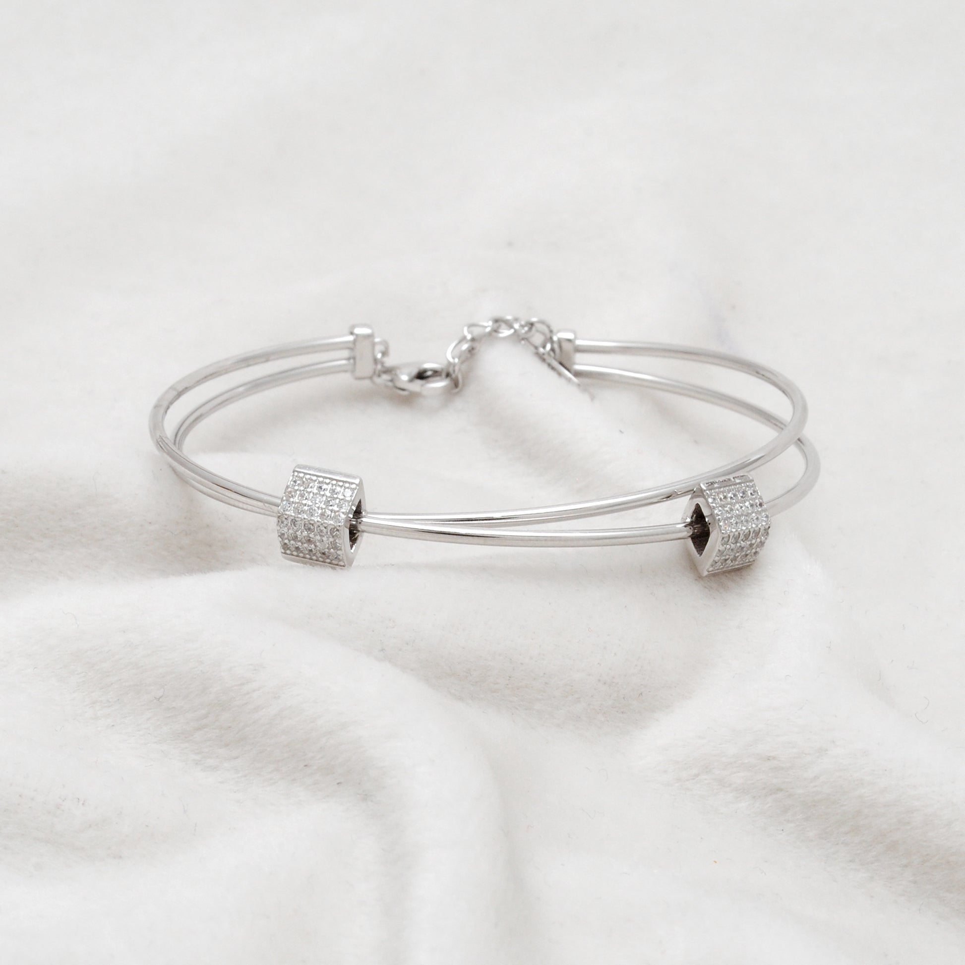 925 Sterling Silver Open Cuff Bracelet with CZ Barrel Beads – Gift for Her - Kanika Creations