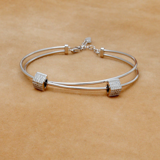 925 Sterling Silver Open Cuff Bracelet with CZ Barrel Beads – Gift for Her - Kanika Creations