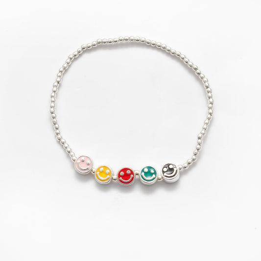 925 Sterling Silver Smiley Face Enamel Beaded Bracelet – Adjustable Charm Bracelet, Gift for Her - Kanika Creations