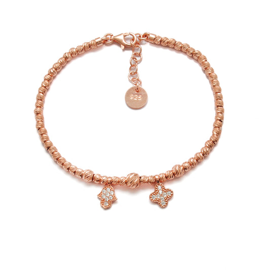 Rose Gold Plated Cubic Zirconia Hamsa Hand & Flower Bracelet – Silver Beaded Jewelry Gift for Her - Kanika Creations