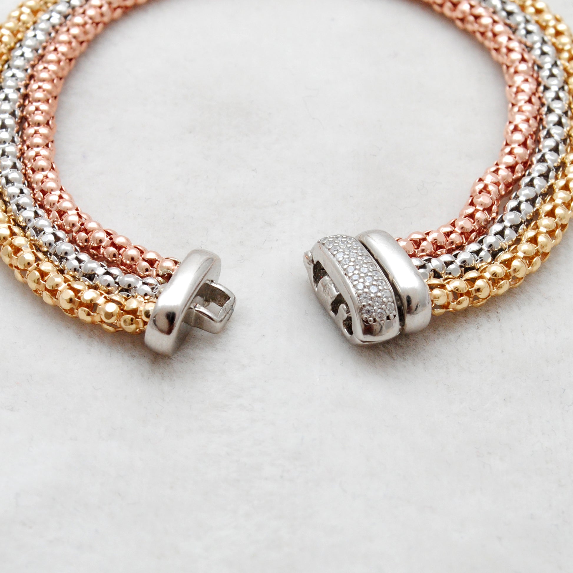 925 Sterling Silver Triple Tone Mesh Bracelet – Handmade Jewelry, Unisex Gift - Kanika Creations