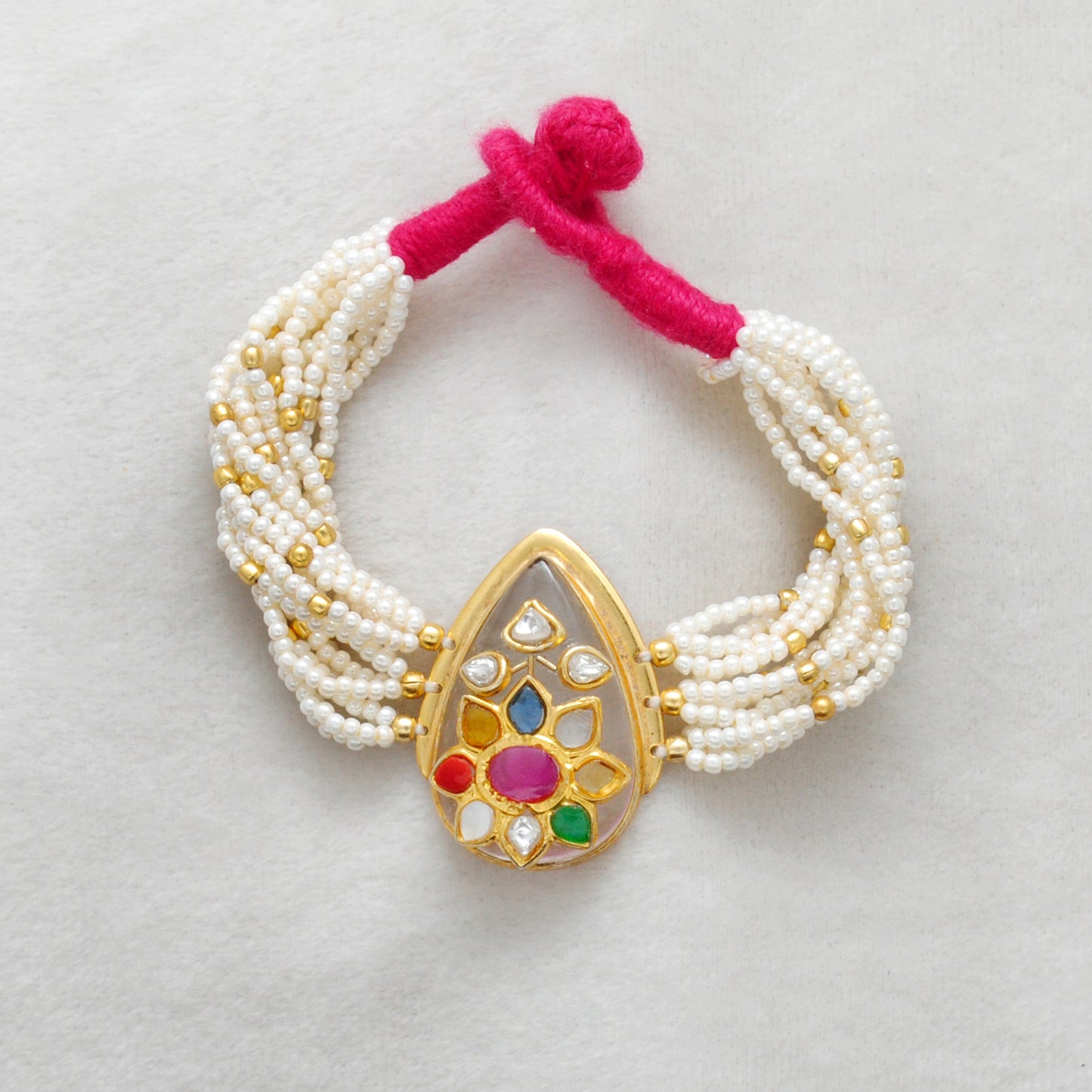 925 Sterling Silver Pearl Beaded Bracelet with Multi-Gemstone with Thread Knot Closure - Kanika Creations