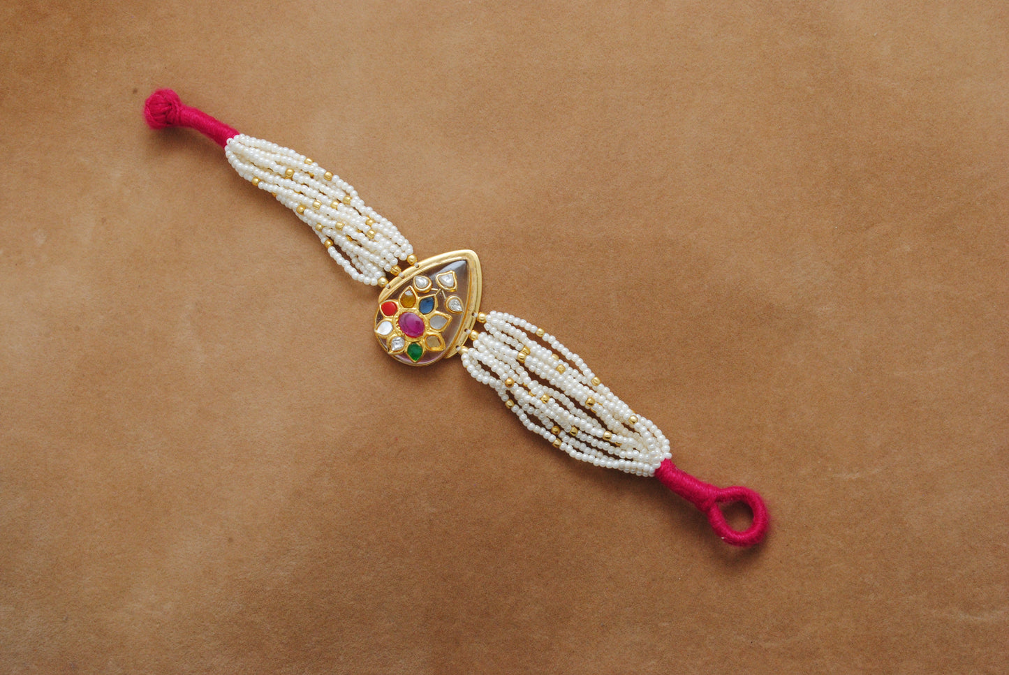 925 Sterling Silver Pearl Beaded Bracelet with Multi-Gemstone with Thread Knot Closure - Kanika Creations