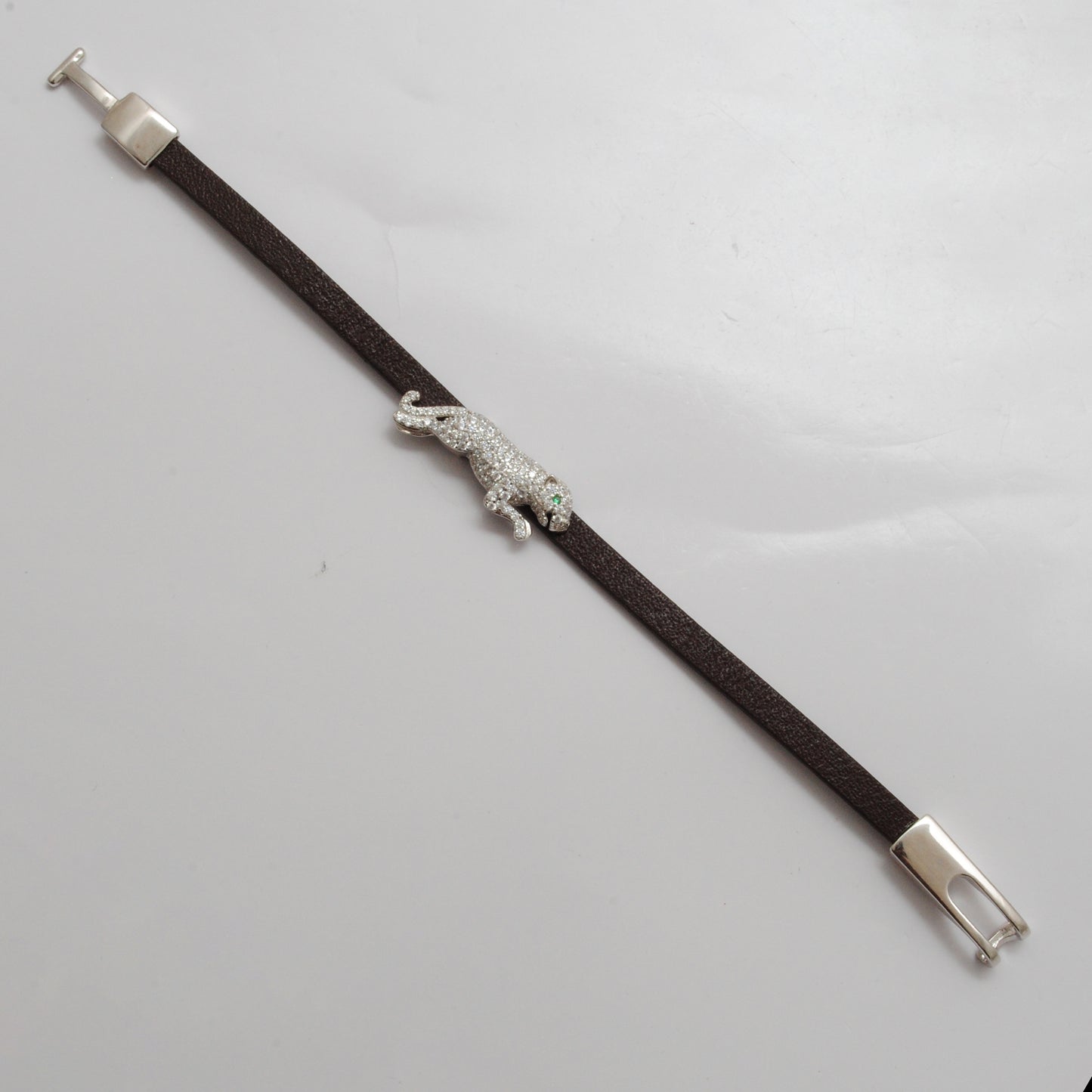 925 Sterling Silver CZ Jaguar Leather Bracelet 7 inch - Kanika Creations