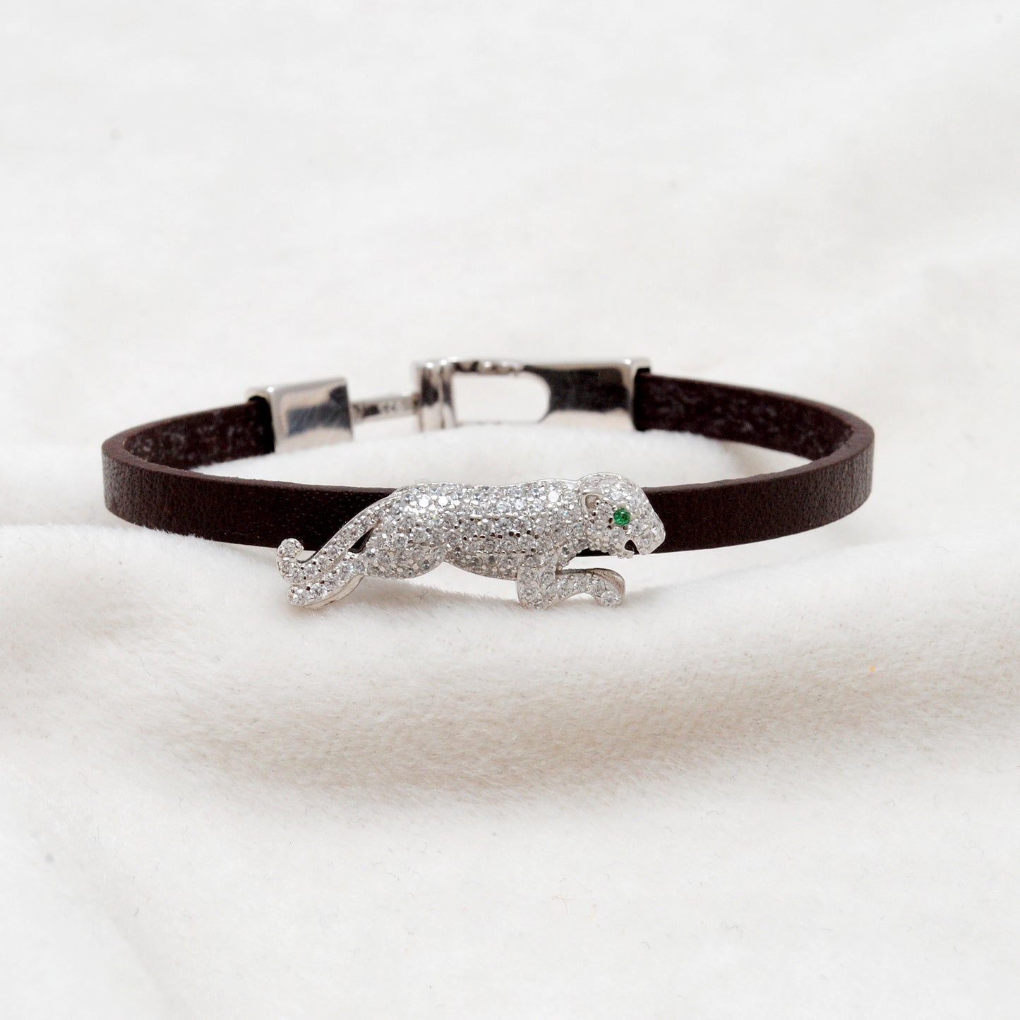 925 Sterling Silver CZ Jaguar Leather Bracelet 7 inch - Kanika Creations