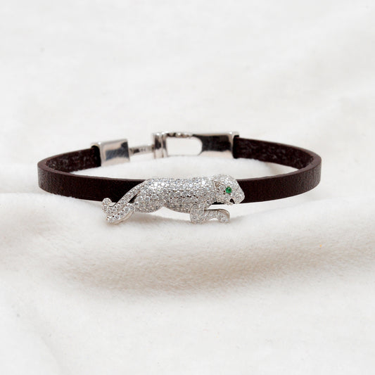 925 Sterling Silver CZ Jaguar Leather Bracelet 7 inch - Kanika Creations