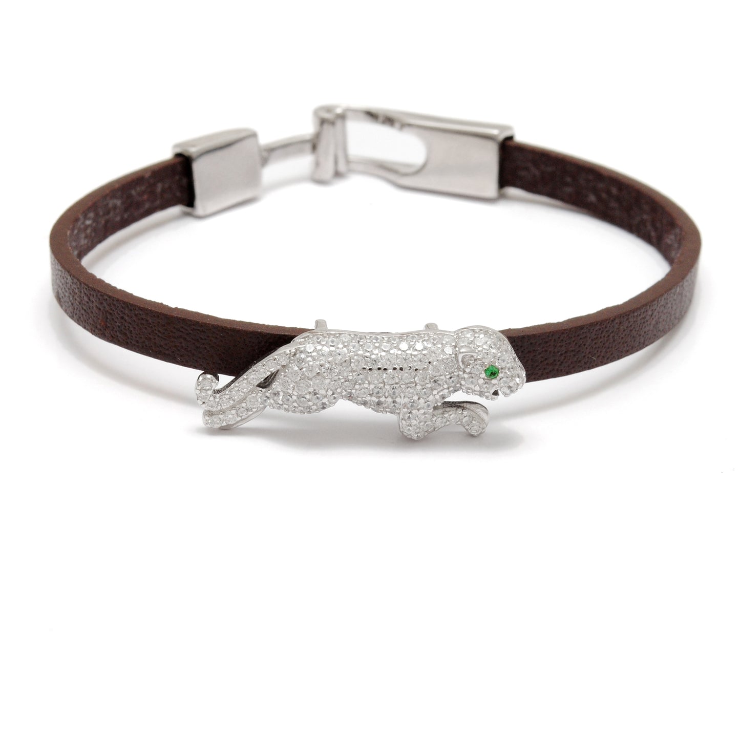 925 Sterling Silver CZ Jaguar Leather Bracelet 7 inch - Kanika Creations