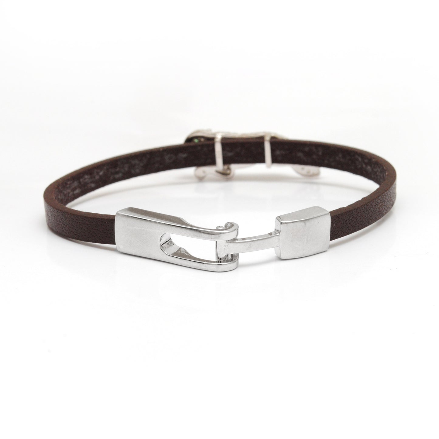 925 Sterling Silver CZ Jaguar Leather Bracelet 7 inch - Kanika Creations