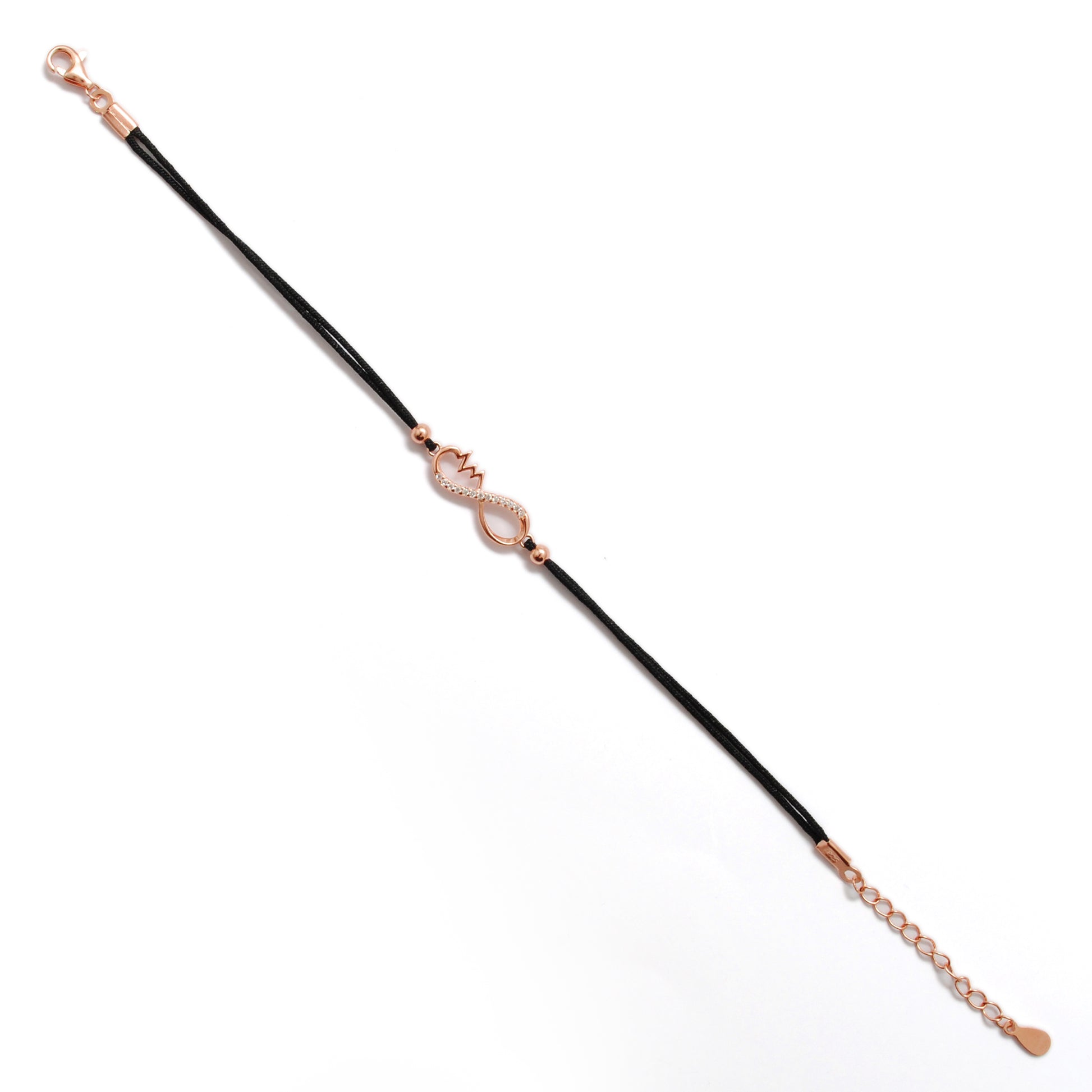 925 Sterling Silver Infinity Heartbeat Bracelet with CZ – Black Cord Gift for Her - Kanika Creations