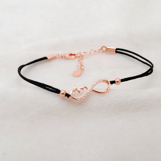 925 Sterling Silver Infinity Heartbeat Bracelet with CZ – Black Cord Gift for Her - Kanika Creations
