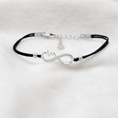 925 Sterling Silver Infinity Heartbeat Bracelet with CZ – Black Cord Gift for Her - Kanika Creations