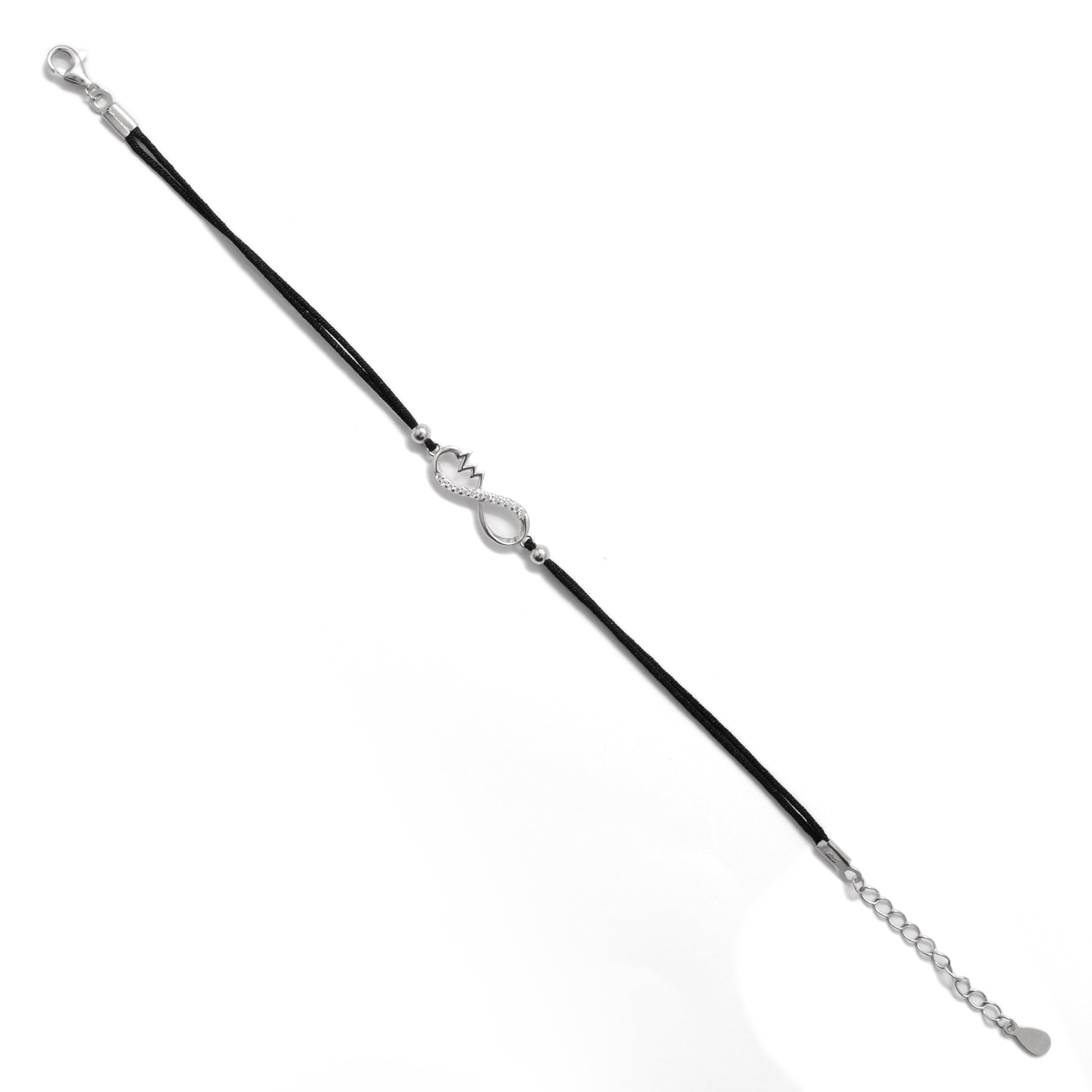 925 Sterling Silver Infinity Heartbeat Bracelet with CZ – Black Cord Gift for Her - Kanika Creations