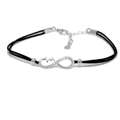 925 Sterling Silver Infinity Heartbeat Bracelet with CZ – Black Cord Gift for Her - Kanika Creations