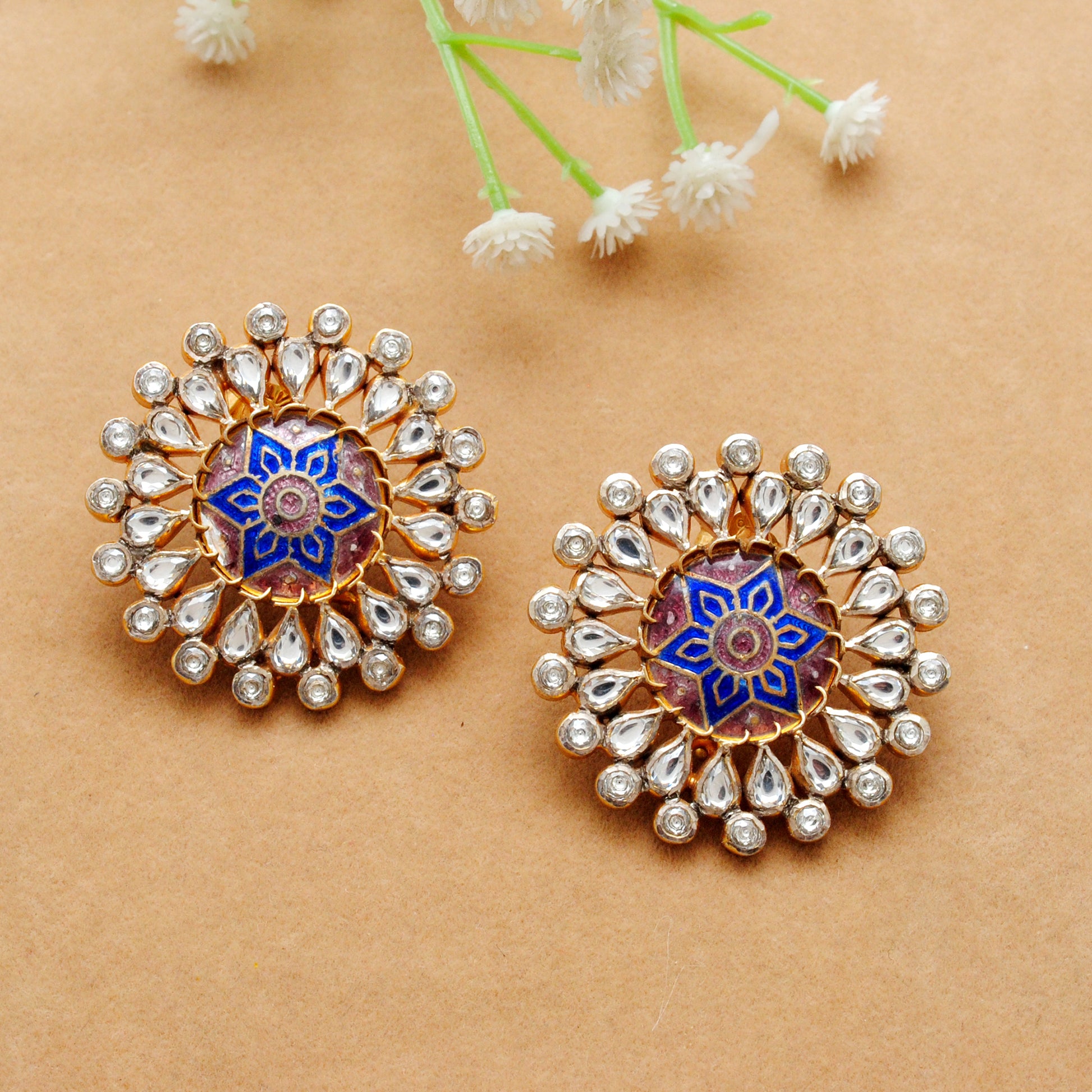 925 Sterling Silver Enamel CZ Flower Stud Earrings – Antique Birthday Gift - Kanika Creations