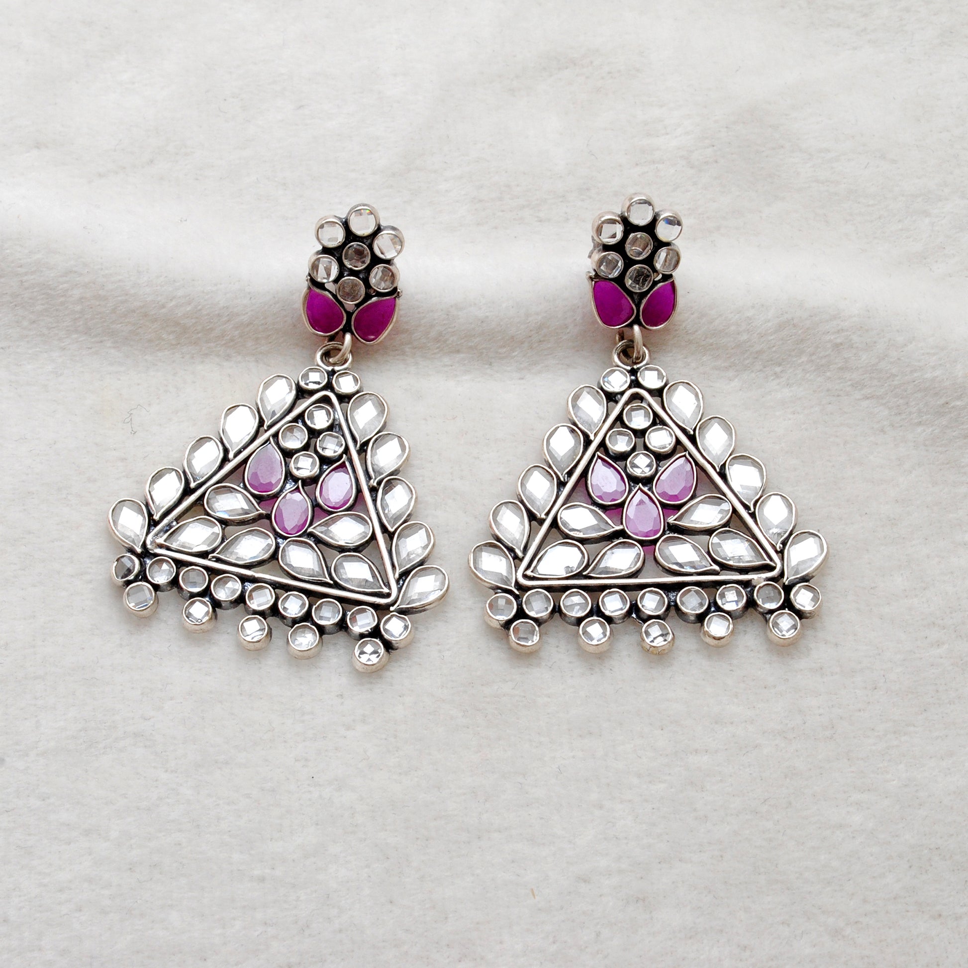 925 Sterling Silver CZ Dangle Earrings – Flower Triangle Design – Wedding Gift - Kanika Creations