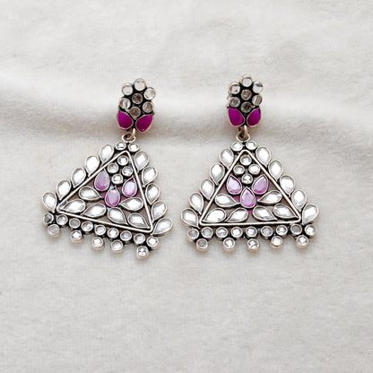 925 Sterling Silver CZ Dangle Earrings – Flower Triangle Design – Wedding Gift - Kanika Creations