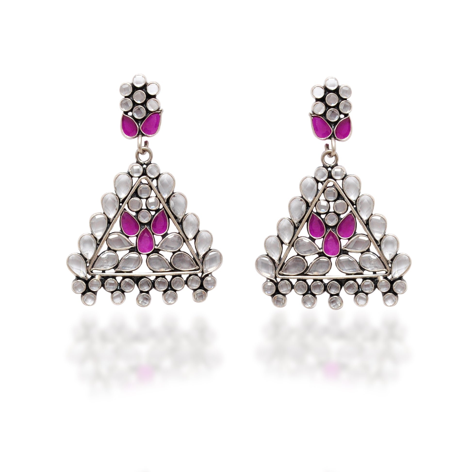 925 Sterling Silver CZ Dangle Earrings – Flower Triangle Design – Wedding Gift - Kanika Creations