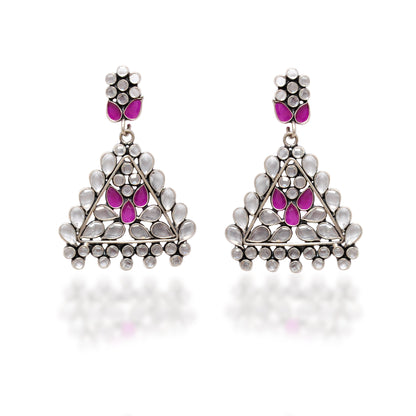 925 Sterling Silver CZ Dangle Earrings – Flower Triangle Design – Wedding Gift - Kanika Creations