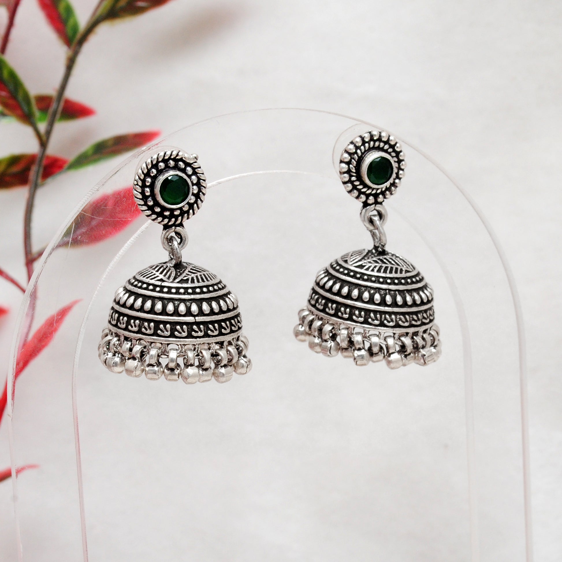 925 Sterling Silver Oxidized Green Stone Dangle Earrings – Handmade Gift for Women - Kanika Creations