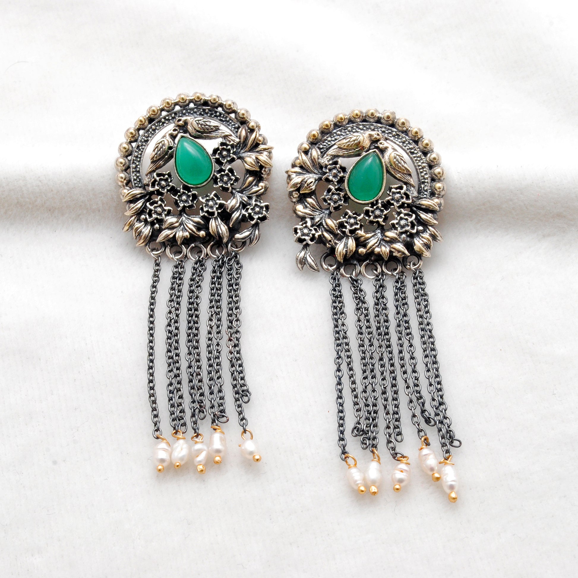925 Sterling Silver Oxidized Bird & Floral Dangle Earrings – Green Stone Handmade Gift for Her - Kanika Creations