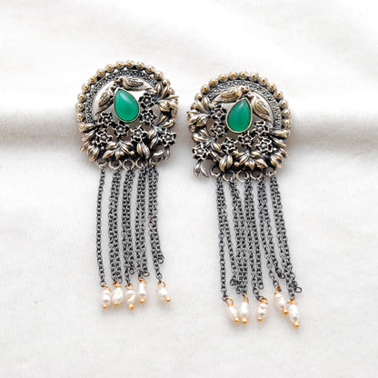 925 Sterling Silver Oxidized Bird & Floral Dangle Earrings – Green Stone Handmade Gift for Her - Kanika Creations