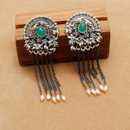925 Sterling Silver Oxidized Bird & Floral Dangle Earrings – Green Stone Handmade Gift for Her - Kanika Creations