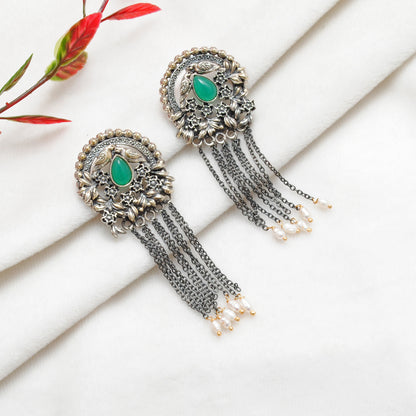 925 Sterling Silver Oxidized Bird & Floral Dangle Earrings – Green Stone Handmade Gift for Her - Kanika Creations