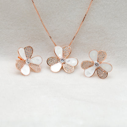 Floral CZ Necklace & Earrings Set – 925 Silver & Gold Plated