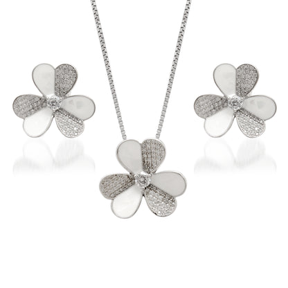 Floral CZ Necklace & Earrings Set – 925 Silver & Gold Plated
