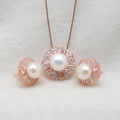 CZ & Pearl Necklace Earrings Set – 925 Silver & Gold Plated