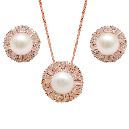 CZ & Pearl Necklace Earrings Set – 925 Silver & Gold Plated