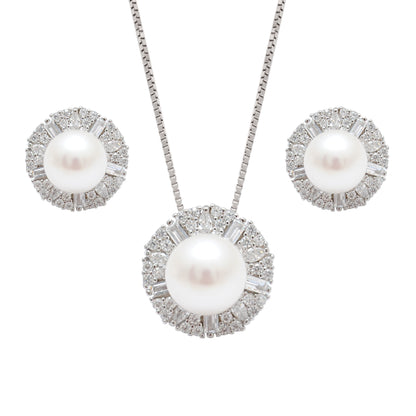 CZ & Pearl Necklace Earrings Set – 925 Silver & Gold Plated